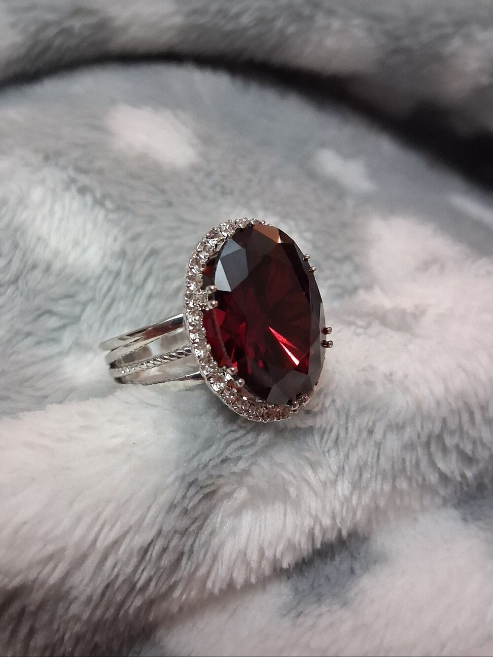 Silver Adjustable Ring with Deep Red Oval Stone